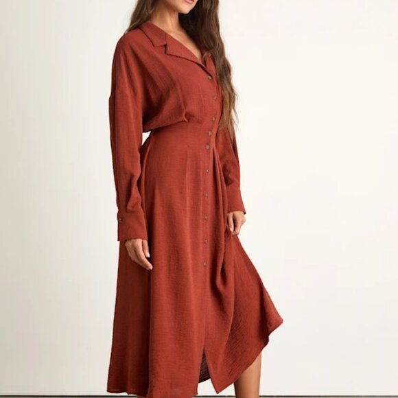 Lulus Timeless Class Rust Collared Button-up Pleated Midi Dress Rust size S - Picture 2 of 3